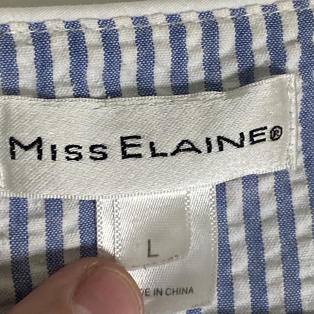 Miss‎ Elaine Housecoat Womens Large Blue White Striped Embroidered Seersucker L - Picture 15 of 16